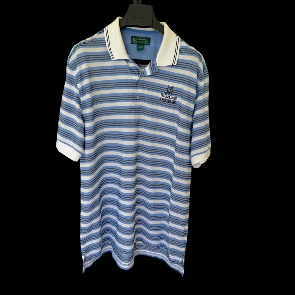 Brooks Brothers St Andrews Links Old Course Polo Shirt XL Blue Striped Golf